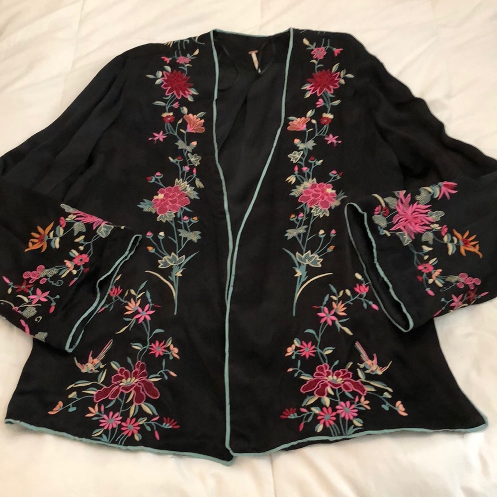 Free People Black Floral Embroidered Open Front Jacket